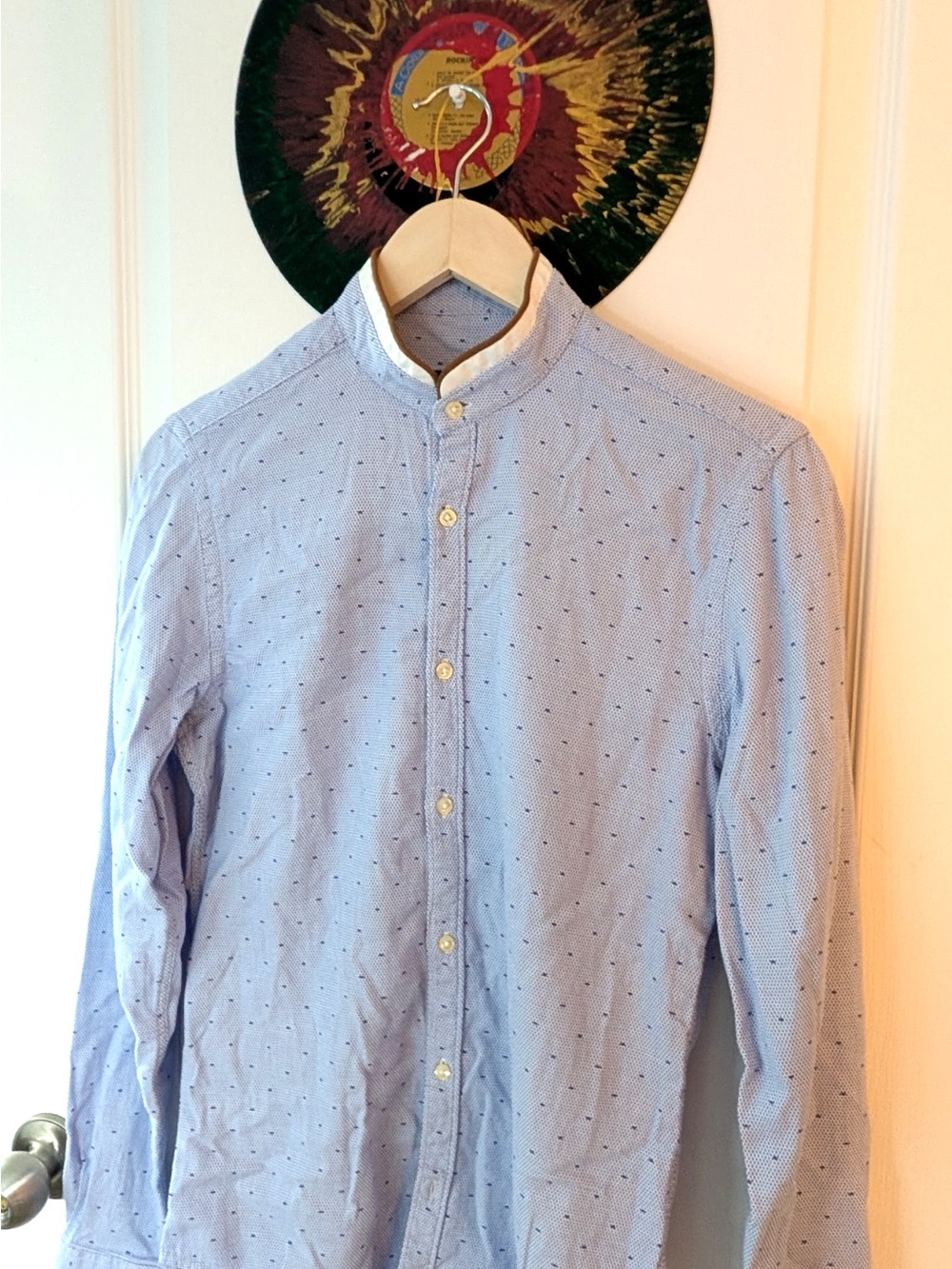 Zara Men's Light Blue Band Collar Shirt with Micro Dot Pattern